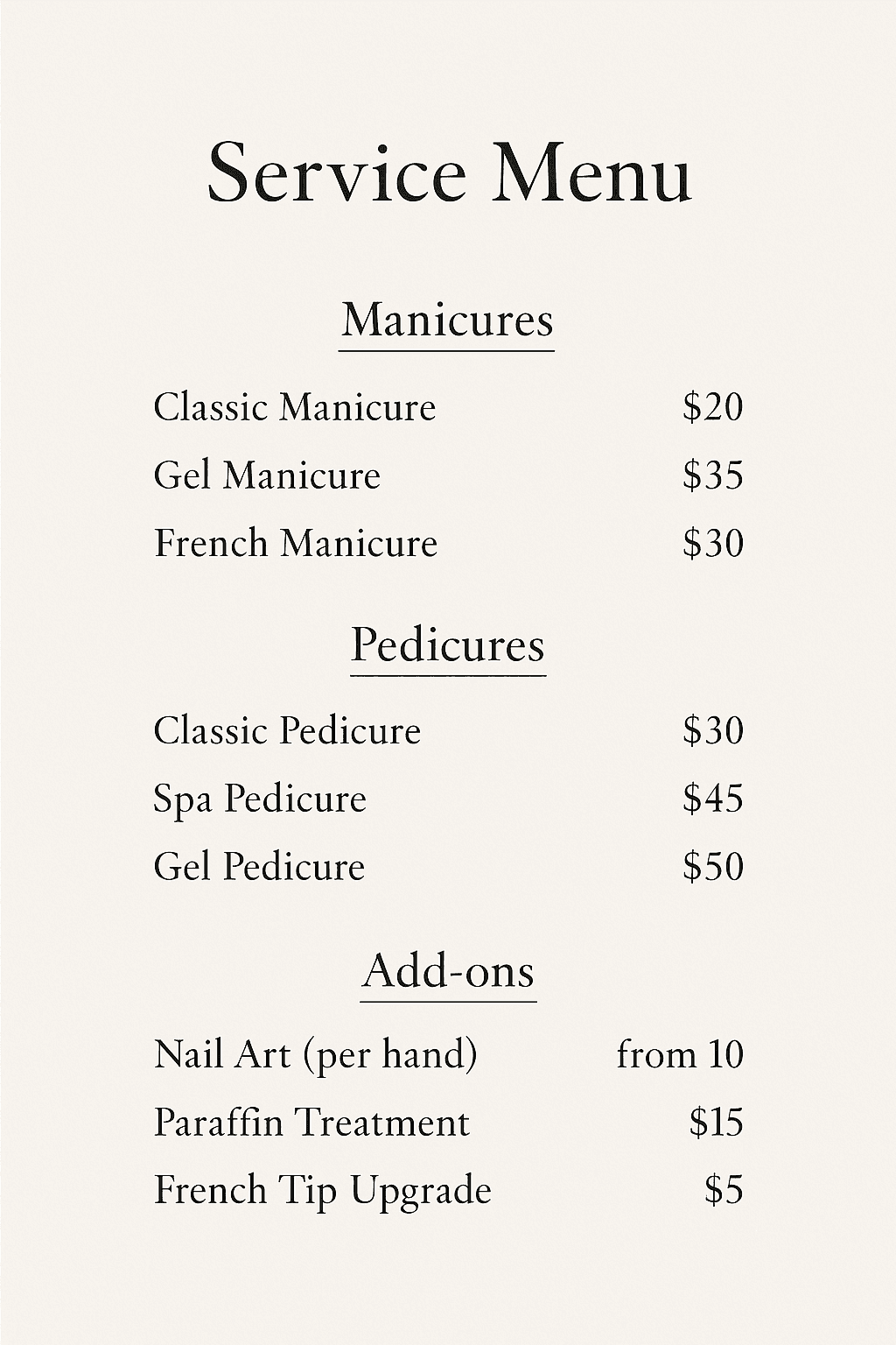 Manicures price list